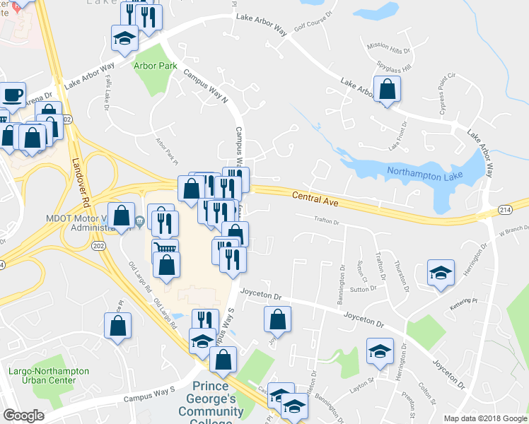 map of restaurants, bars, coffee shops, grocery stores, and more near 10675 Campus Way South in Upper Marlboro