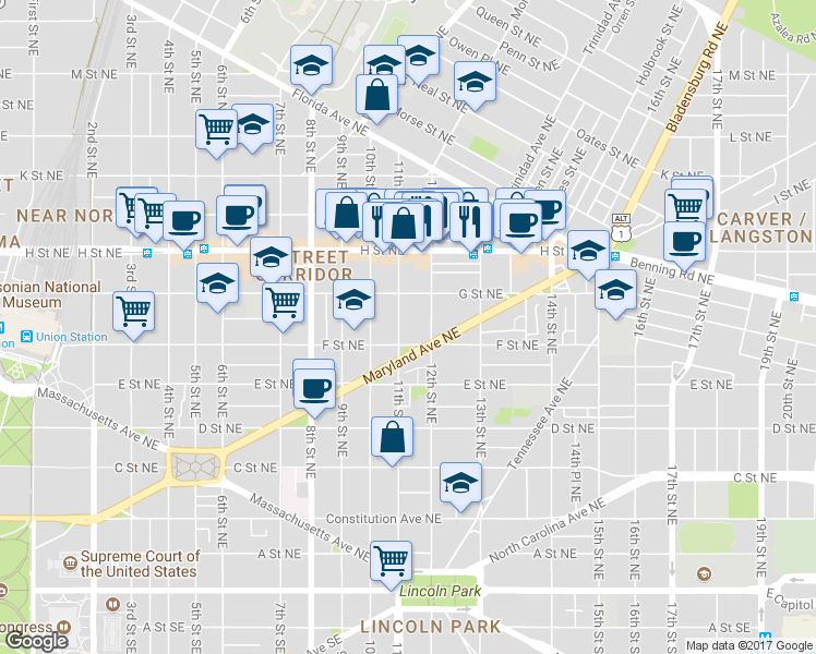 map of restaurants, bars, coffee shops, grocery stores, and more near 615 11th Street Northeast in Washington