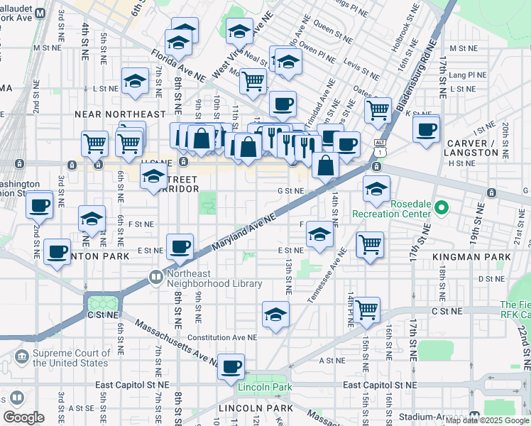 map of restaurants, bars, coffee shops, grocery stores, and more near 1214 Maryland Avenue Northeast in Washington