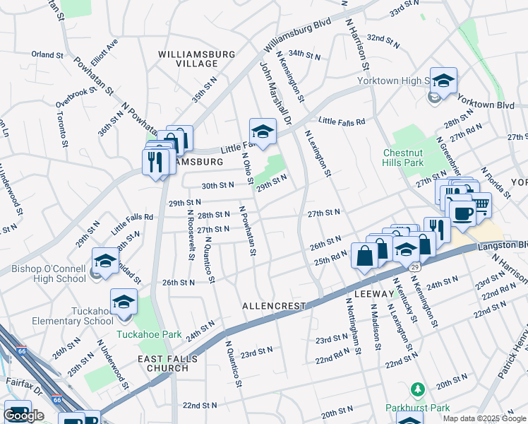 map of restaurants, bars, coffee shops, grocery stores, and more near 6056 28th Street North in Arlington
