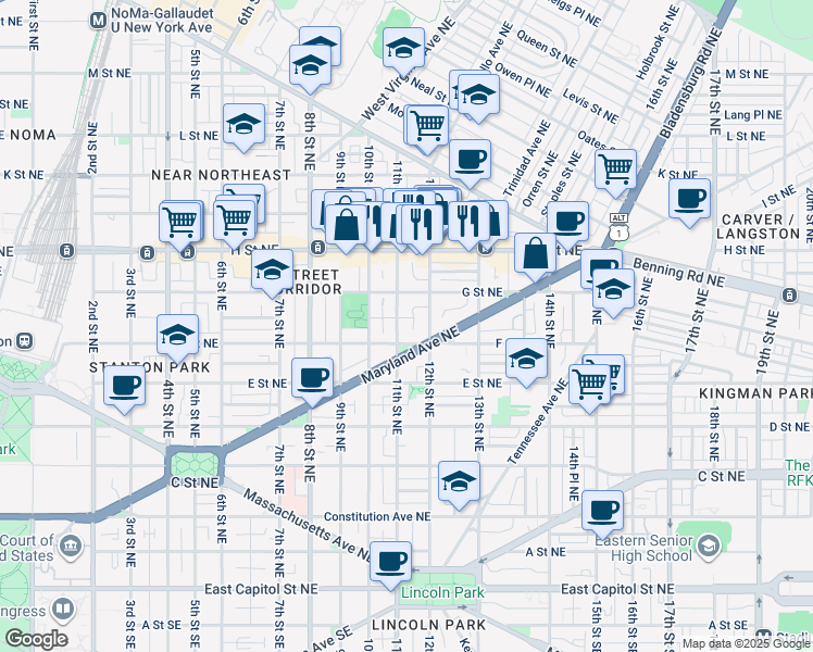 map of restaurants, bars, coffee shops, grocery stores, and more near 615 11th Street Northeast in Washington