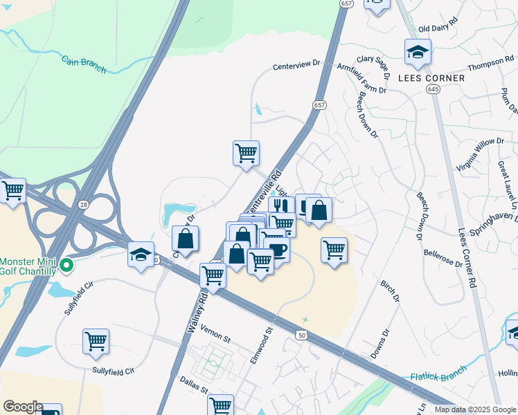 map of restaurants, bars, coffee shops, grocery stores, and more near 3830 Lightfoot Street in Chantilly