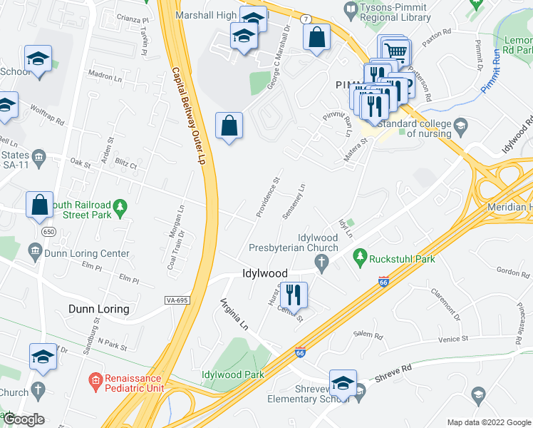 map of restaurants, bars, coffee shops, grocery stores, and more near 2271 Providence Street in Falls Church