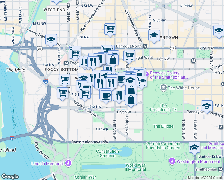 map of restaurants, bars, coffee shops, grocery stores, and more near 600 19th Street Northwest in Washington