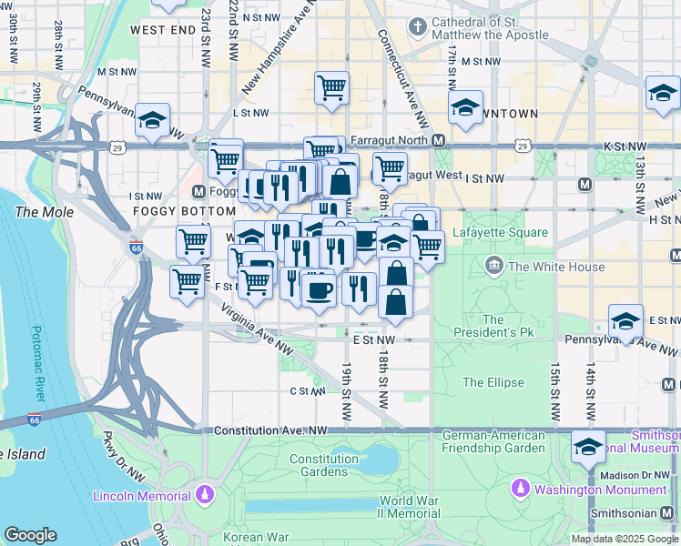 map of restaurants, bars, coffee shops, grocery stores, and more near 600 19th Street Northwest in Washington
