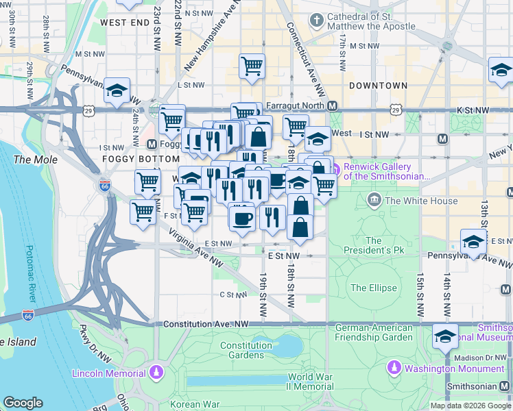 map of restaurants, bars, coffee shops, grocery stores, and more near 600 19th Street Northwest in Washington