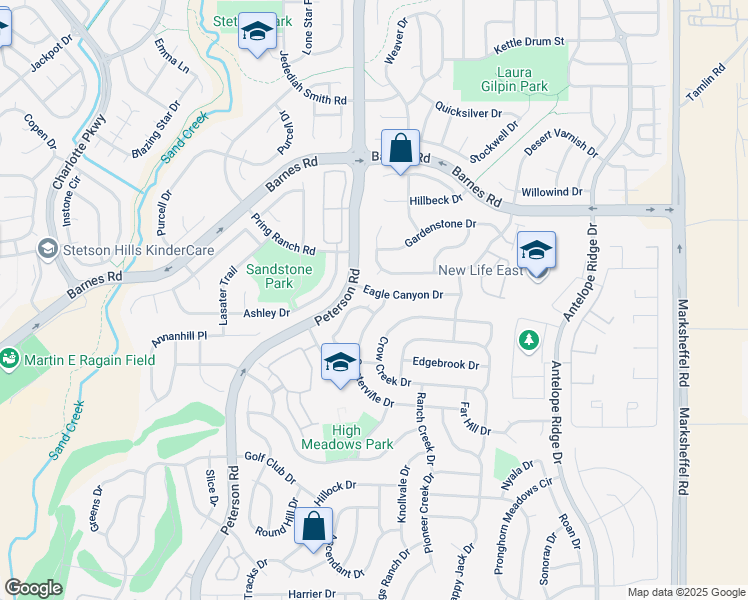map of restaurants, bars, coffee shops, grocery stores, and more near 4451 Centerville Drive in Colorado Springs