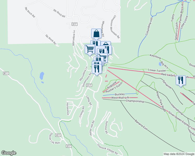 map of restaurants, bars, coffee shops, grocery stores, and more near 14 Snowmass Road in Crested Butte