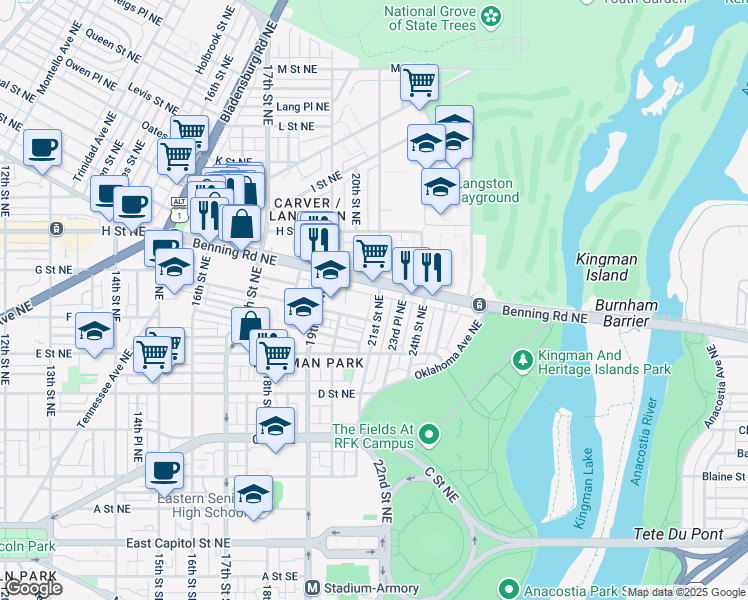map of restaurants, bars, coffee shops, grocery stores, and more near 101 Independence Avenue Southeast in Washington