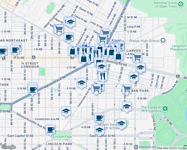 map of restaurants, bars, coffee shops, grocery stores, and more near 613 14th Place Northeast in Washington
