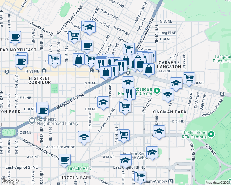 map of restaurants, bars, coffee shops, grocery stores, and more near 101 Independence Avenue Southeast in Washington