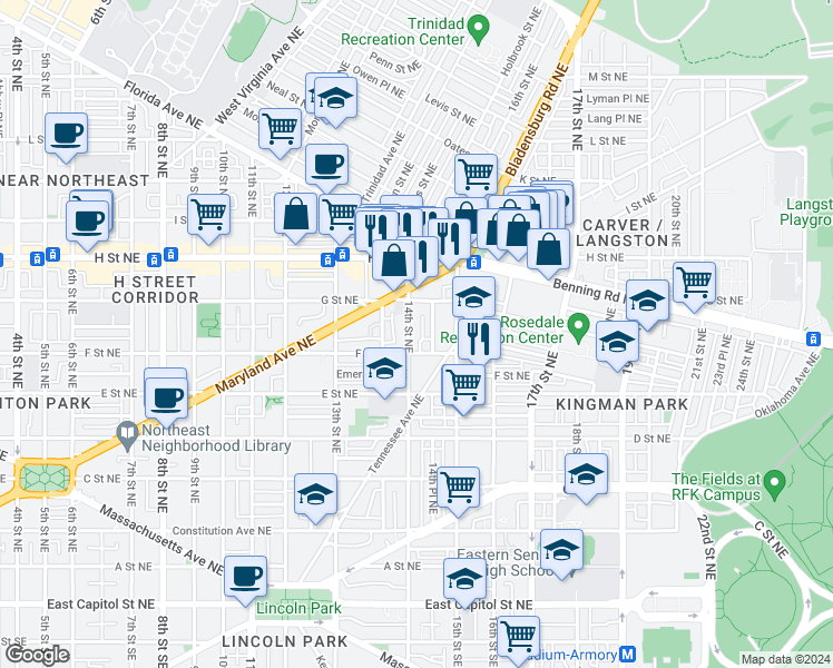map of restaurants, bars, coffee shops, grocery stores, and more near 101 Independence Avenue Southeast in Washington