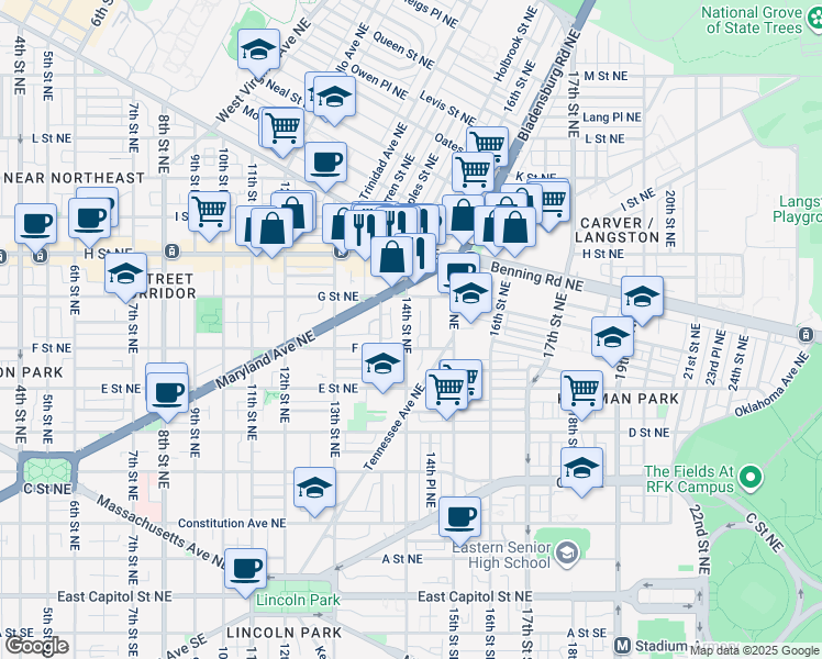 map of restaurants, bars, coffee shops, grocery stores, and more near 101 Independence Avenue Southeast in Washington