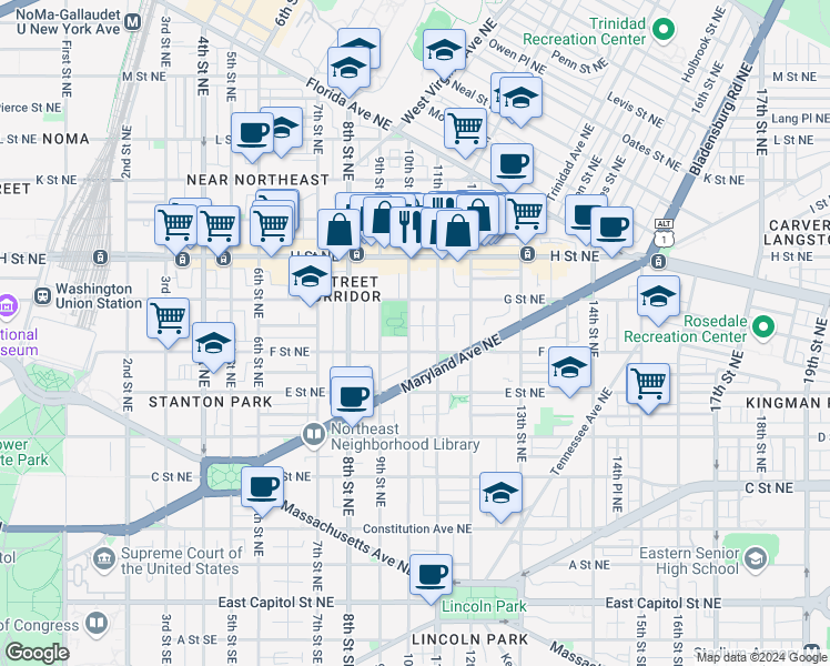 map of restaurants, bars, coffee shops, grocery stores, and more near 101 Independence Avenue Southeast in Washington