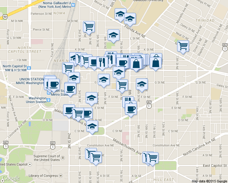 map of restaurants, bars, coffee shops, grocery stores, and more near 101 Independence Avenue Southeast in Washington