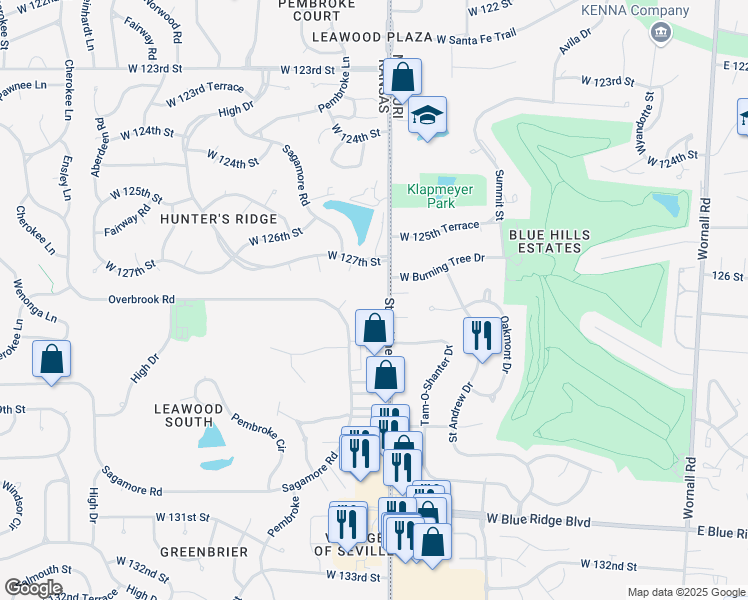 map of restaurants, bars, coffee shops, grocery stores, and more near 12720 State Line Road in Leawood