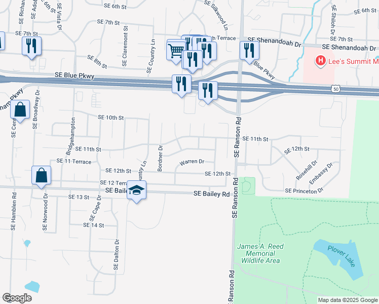 map of restaurants, bars, coffee shops, grocery stores, and more near 1133 Southeast 11 Terrace in Lee's Summit