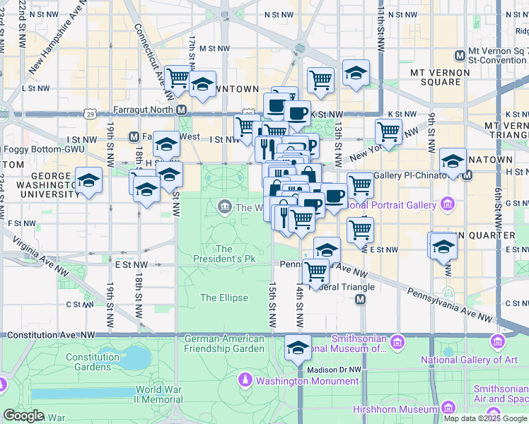 map of restaurants, bars, coffee shops, grocery stores, and more near 1500 Pennsylvania Avenue Northwest in Washington