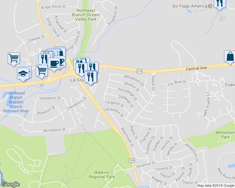 map of restaurants, bars, coffee shops, grocery stores, and more near 12610 Darlenen Street in Upper Marlboro