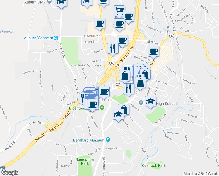 map of restaurants, bars, coffee shops, grocery stores, and more near 1308 Lincoln Way in Auburn
