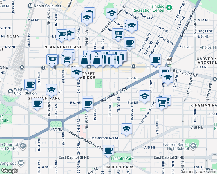 map of restaurants, bars, coffee shops, grocery stores, and more near 622 11th Street Northeast in Washington