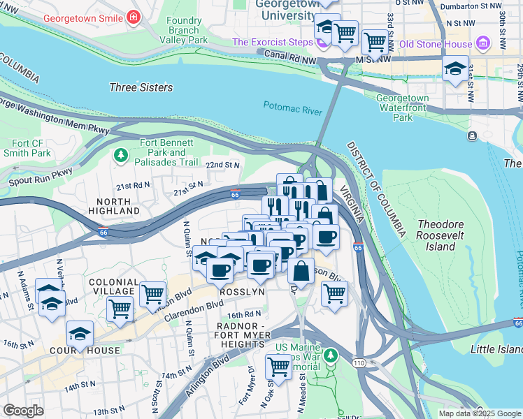 map of restaurants, bars, coffee shops, grocery stores, and more near 1563 North Colonial Terrace in Arlington