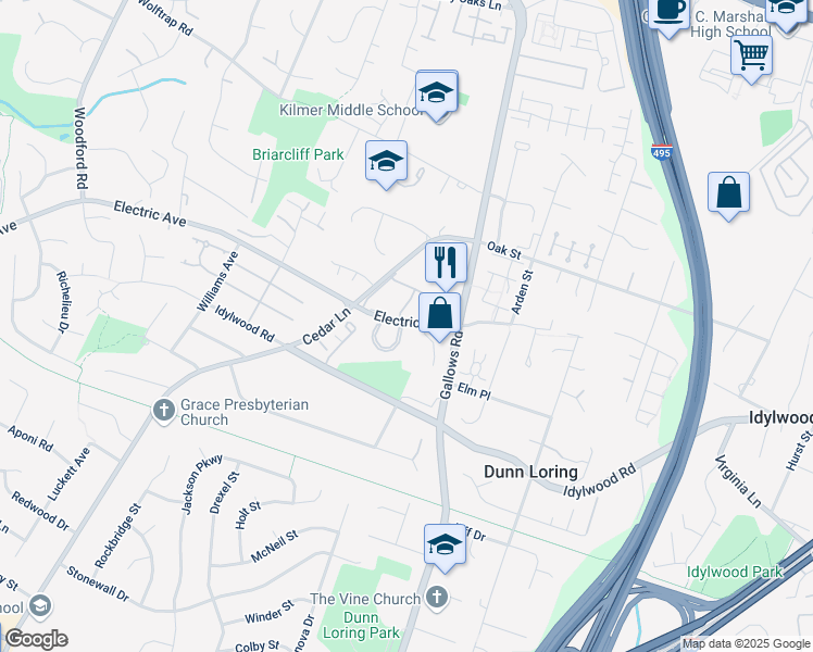 map of restaurants, bars, coffee shops, grocery stores, and more near 2368 Wheystone Court in Vienna
