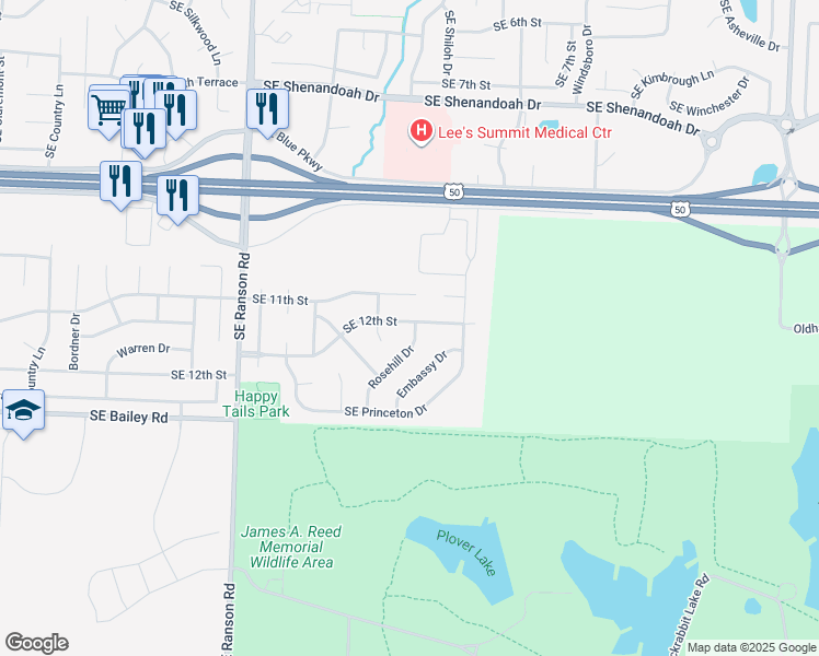 map of restaurants, bars, coffee shops, grocery stores, and more near 1200 Rosehill Drive in Lee's Summit