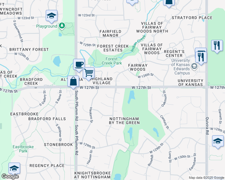 map of restaurants, bars, coffee shops, grocery stores, and more near 12700 Richards Street in Overland Park