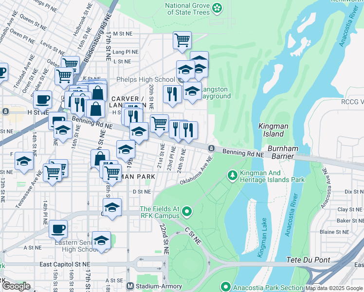 map of restaurants, bars, coffee shops, grocery stores, and more near 2305 Benning Road Northeast in Washington