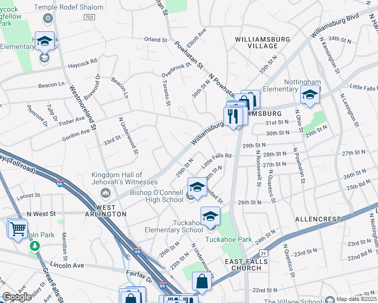 map of restaurants, bars, coffee shops, grocery stores, and more near 6580 Williamsburg Boulevard in Arlington