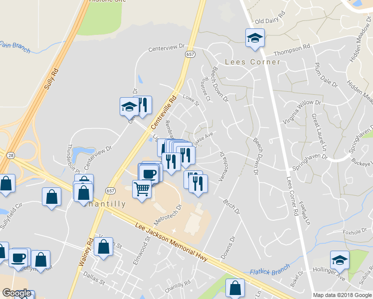 map of restaurants, bars, coffee shops, grocery stores, and more near 13891 Rembrandt Way in Chantilly