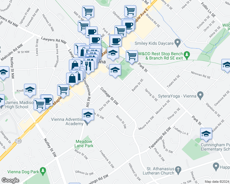 map of restaurants, bars, coffee shops, grocery stores, and more near 117 Elm Street Southwest in Vienna