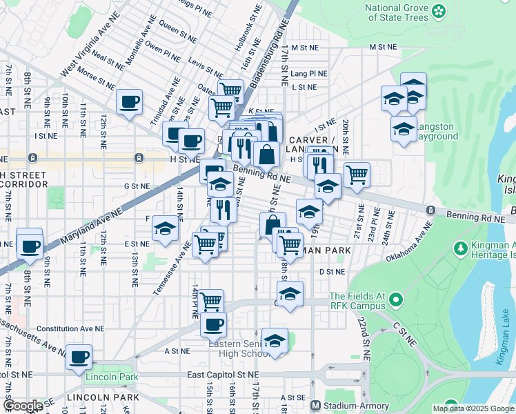 map of restaurants, bars, coffee shops, grocery stores, and more near 1666 Kramer Street Northeast in Washington