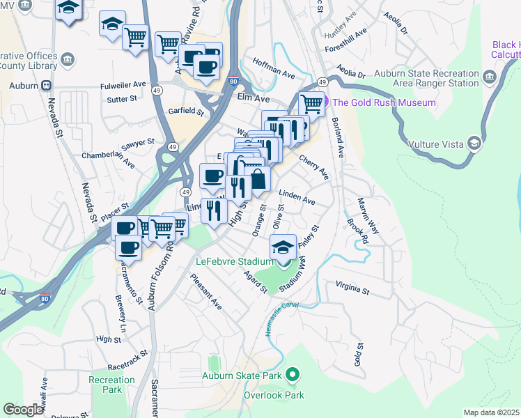 map of restaurants, bars, coffee shops, grocery stores, and more near 130 Orange Street in Auburn