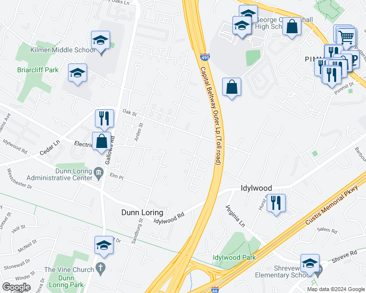 map of restaurants, bars, coffee shops, grocery stores, and more near 7912 Railroad Street in Dunn Loring