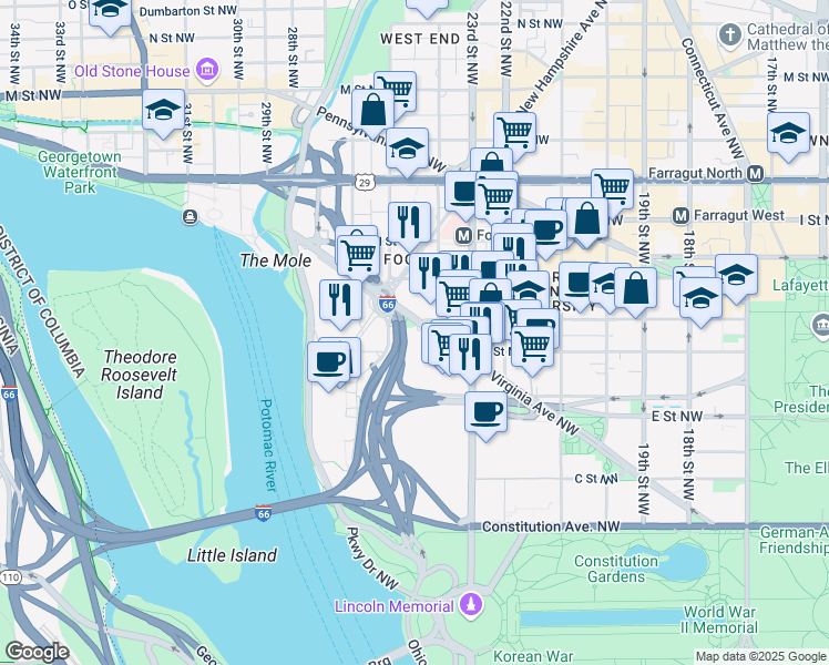 map of restaurants, bars, coffee shops, grocery stores, and more near 2450 Virginia Avenue Northwest in Washington