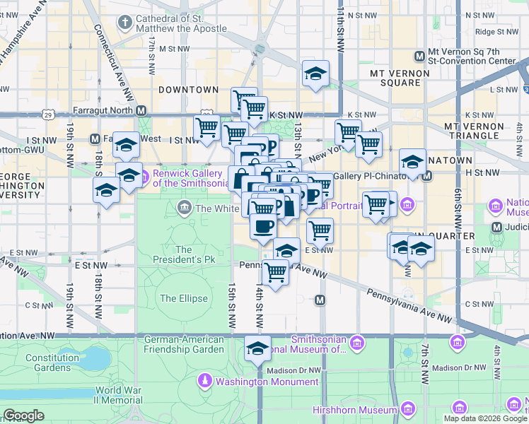 map of restaurants, bars, coffee shops, grocery stores, and more near 607 14th Street Northwest in Washington
