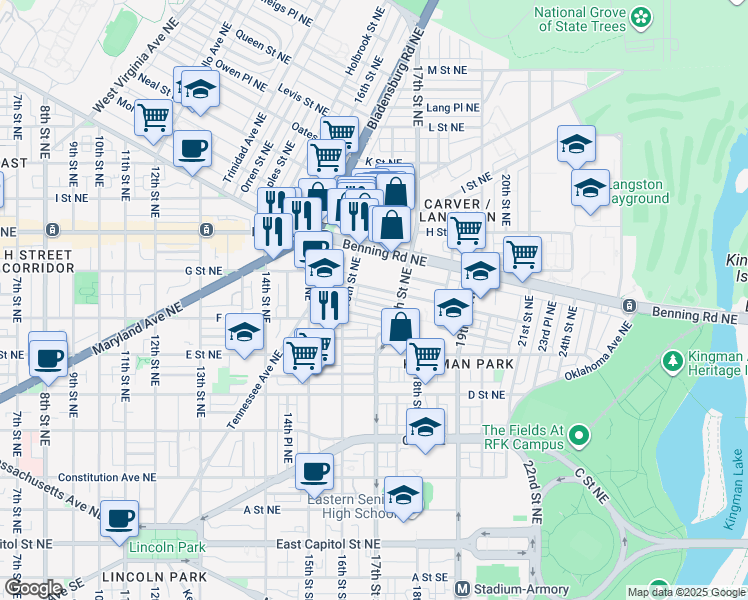 map of restaurants, bars, coffee shops, grocery stores, and more near 101 Independence Avenue Southeast in Washington