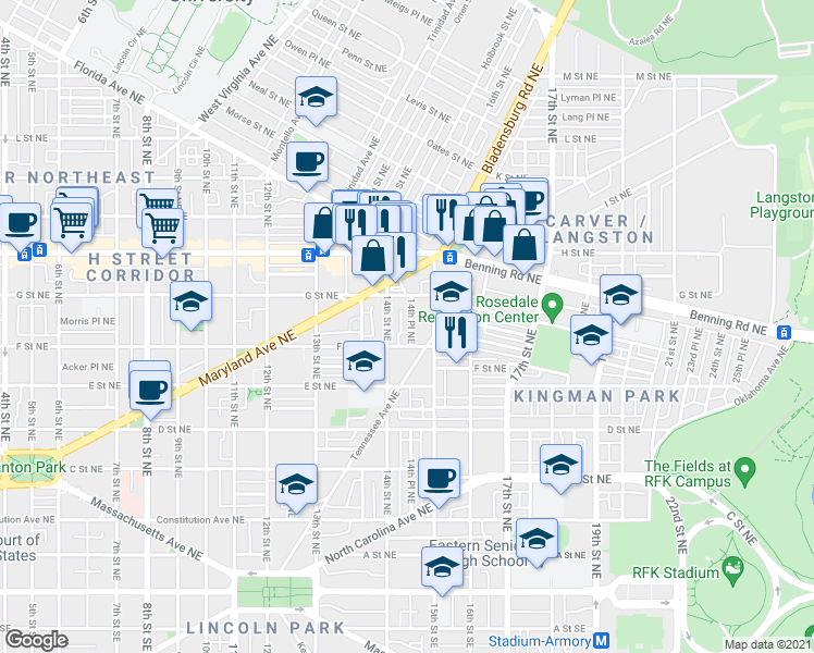 map of restaurants, bars, coffee shops, grocery stores, and more near 608 14th Place Northeast in Washington