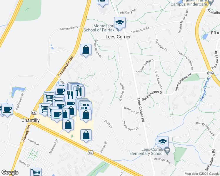 map of restaurants, bars, coffee shops, grocery stores, and more near 13714 Springhaven Dr in Chantilly