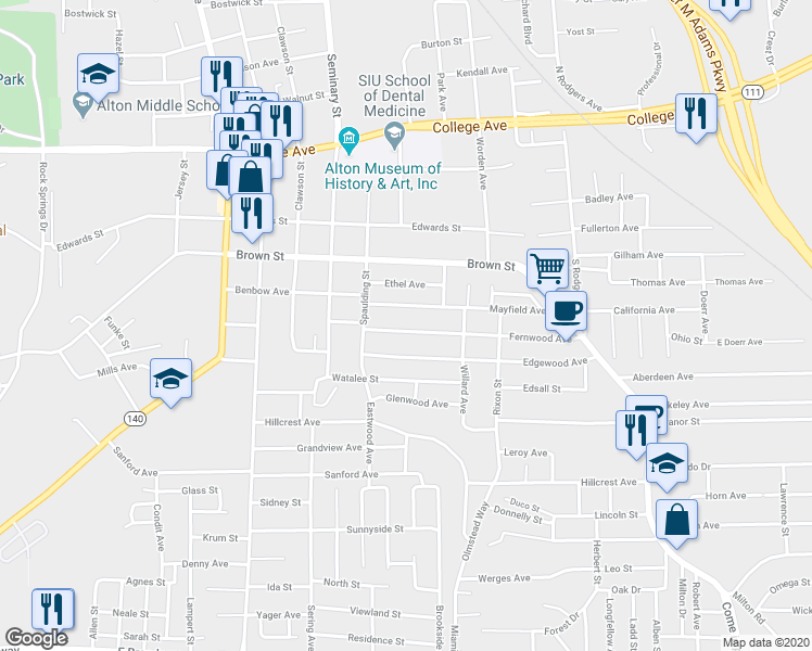map of restaurants, bars, coffee shops, grocery stores, and more near 3000 Fernwood Avenue in Alton