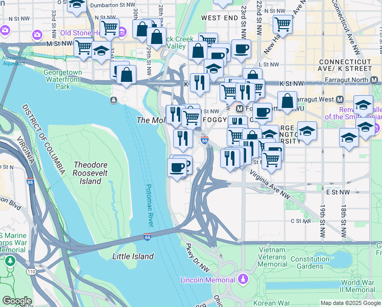 map of restaurants, bars, coffee shops, grocery stores, and more near 2700F E Street Northwest in Washington