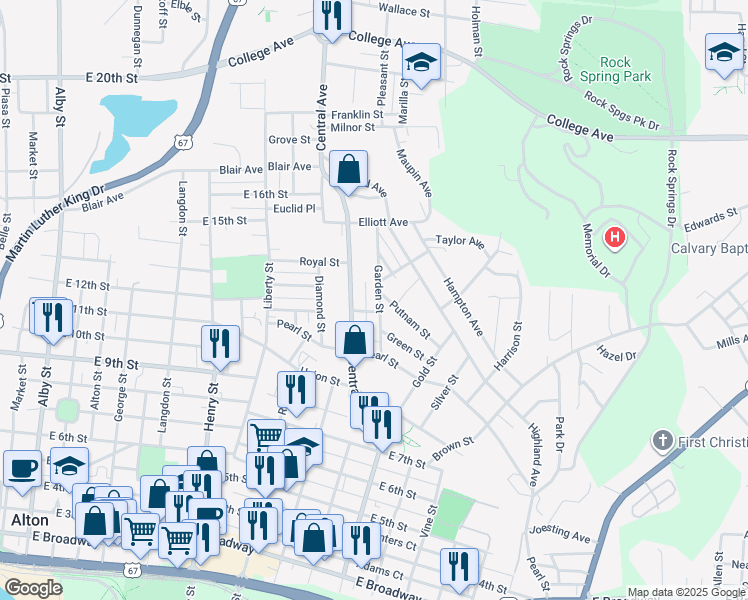 map of restaurants, bars, coffee shops, grocery stores, and more near 1206 Garden Street in Alton