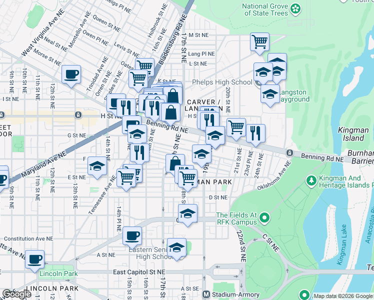 map of restaurants, bars, coffee shops, grocery stores, and more near 1701 Gales Street Northeast in Washington