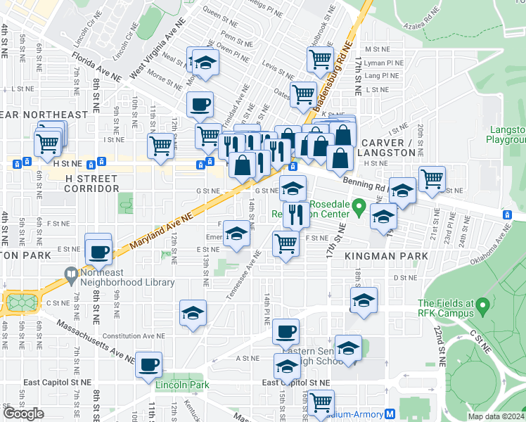 map of restaurants, bars, coffee shops, grocery stores, and more near 608 14th Place Northeast in Washington