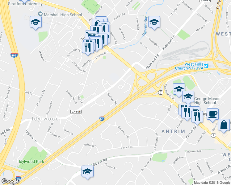 map of restaurants, bars, coffee shops, grocery stores, and more near 7447 Idylwood Road in Falls Church