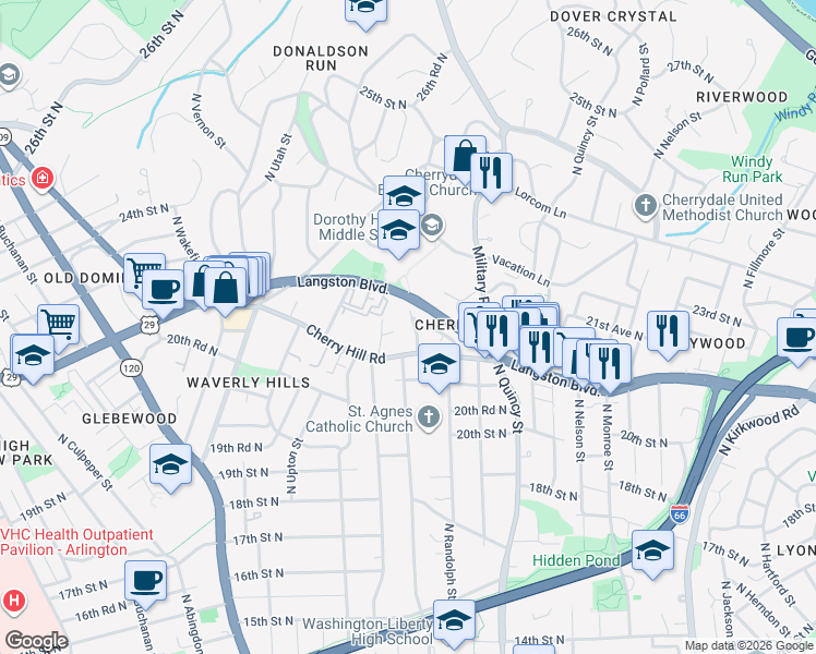map of restaurants, bars, coffee shops, grocery stores, and more near 2142 North Stafford Street in Arlington