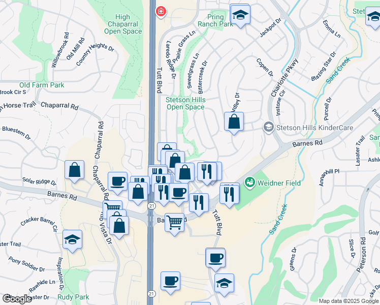 map of restaurants, bars, coffee shops, grocery stores, and more near 4516 Laramie Sky Drive in Colorado Springs