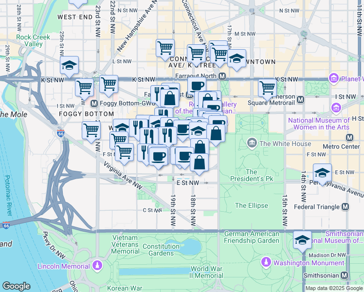 map of restaurants, bars, coffee shops, grocery stores, and more near 1800 G Street Northwest in Washington